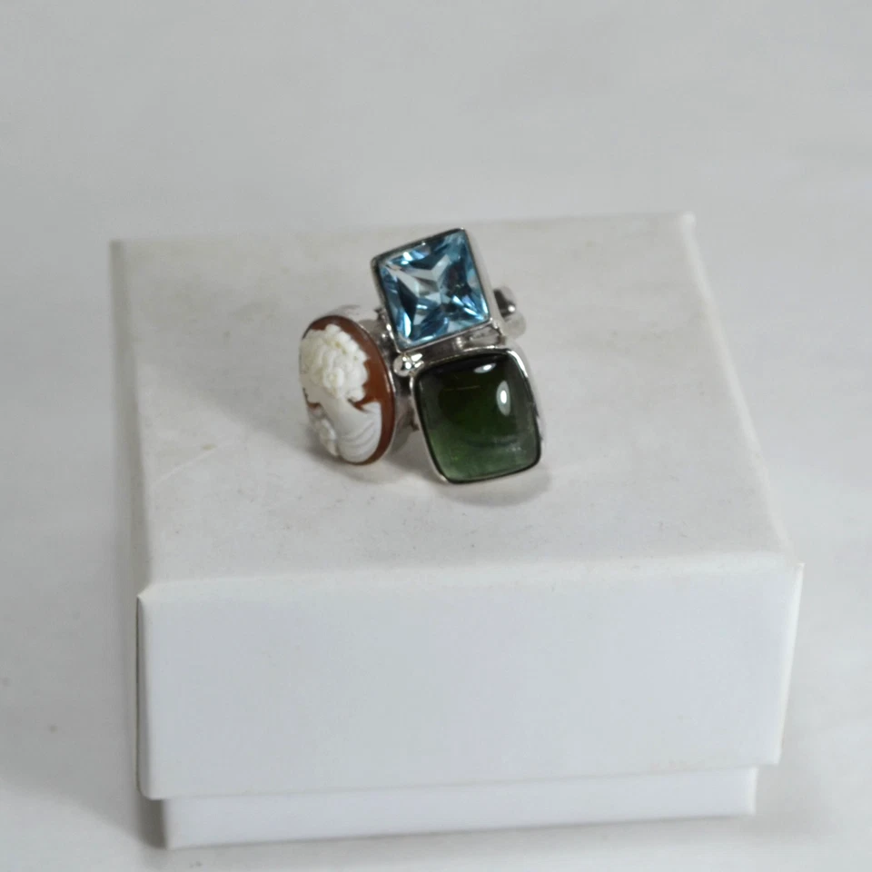 ANELLO ARGENTO 925 CAMMEO SARDONICO TORMALINA TOPAZIO  REGOLABILE      AGNK 0113 - Immagine 2 di 3