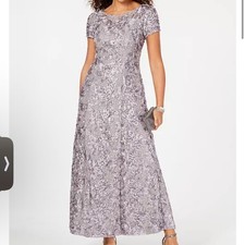 Alex Evenings gray rosette lace embellished short sleeve formal maxi dress sz 16
