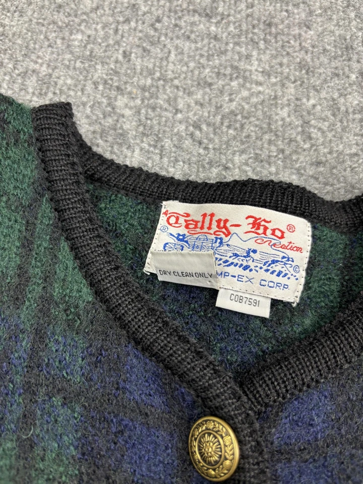 Suéter Tally-Ho Nation para mujer mediano verde a cuadros lana cárdigan botón delantero Foto 3 de 4