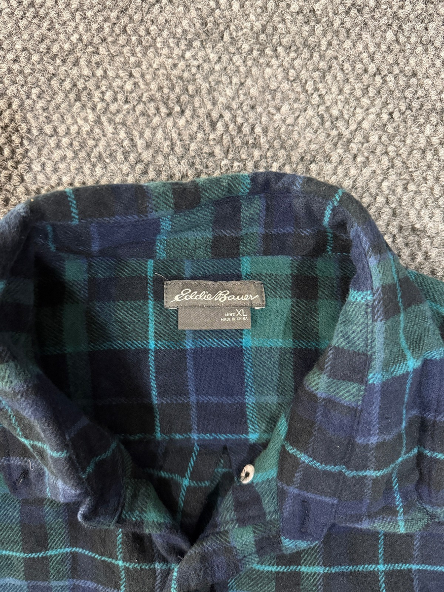 Eddie Bauer Flannel Shirt Mens Medium Green Blue Plaid Button Up