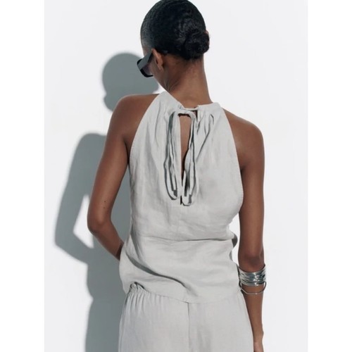 Zara 100% Leinen Neckholder Top In Grau Größe XL Neu mit Etikett - Bild 9 von 16