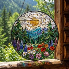 Forest Mountain Stained Glass Suncatcher, Nature Window Hanging