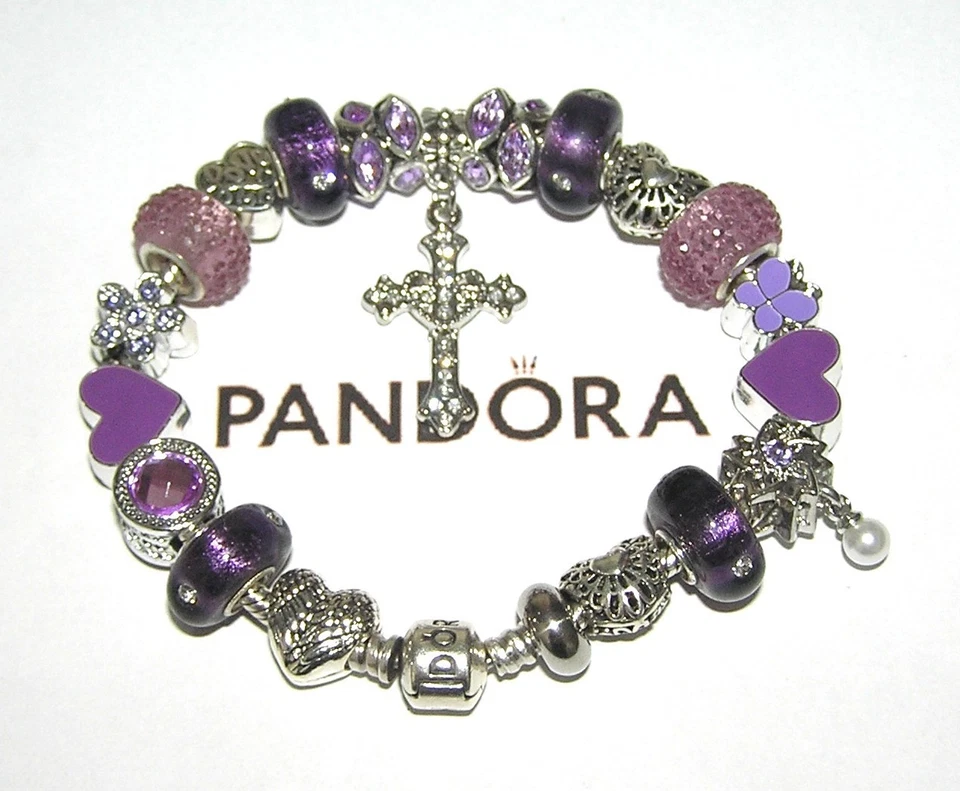 AUTÉNTICO Pulsera Pandora Plata con Cruz Abrazo de Amor, Dijes Europeos Púrpura Foto 3 de 4