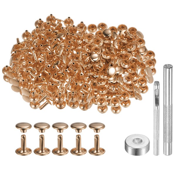 200 Sets Leder Nieten 9Mm X 10Mm Doppelkappe Nieten DruckknöPfe, Hellgold Ton-image