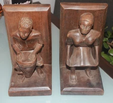 Vintage African Tribal Bust Bookends Hand Carved Hard Wood 8" Tall