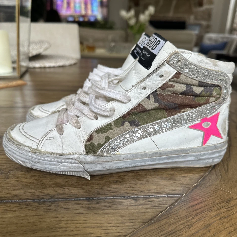 Golden Goose Slide 双 25 美分白色皮革迷彩闪光粉色星星 37 码 — 第 2/4 张图片