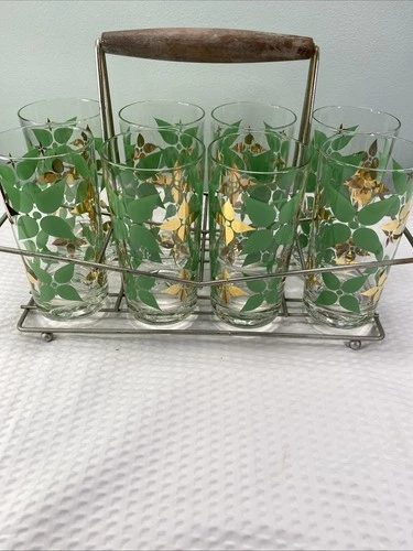 8 Vintage Hazel Atlas Green And Gold Drinking Glasses With Carrying Case MCM