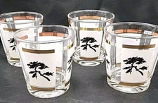 4 Vtg MCM Far East Bonsai Tree Whiskey Rocks Glasses Gold Gilding Black White