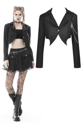 DARK IN LOVE Women Black Gothic Steampunk Bat Chain Fashion Crop Coat Jacket