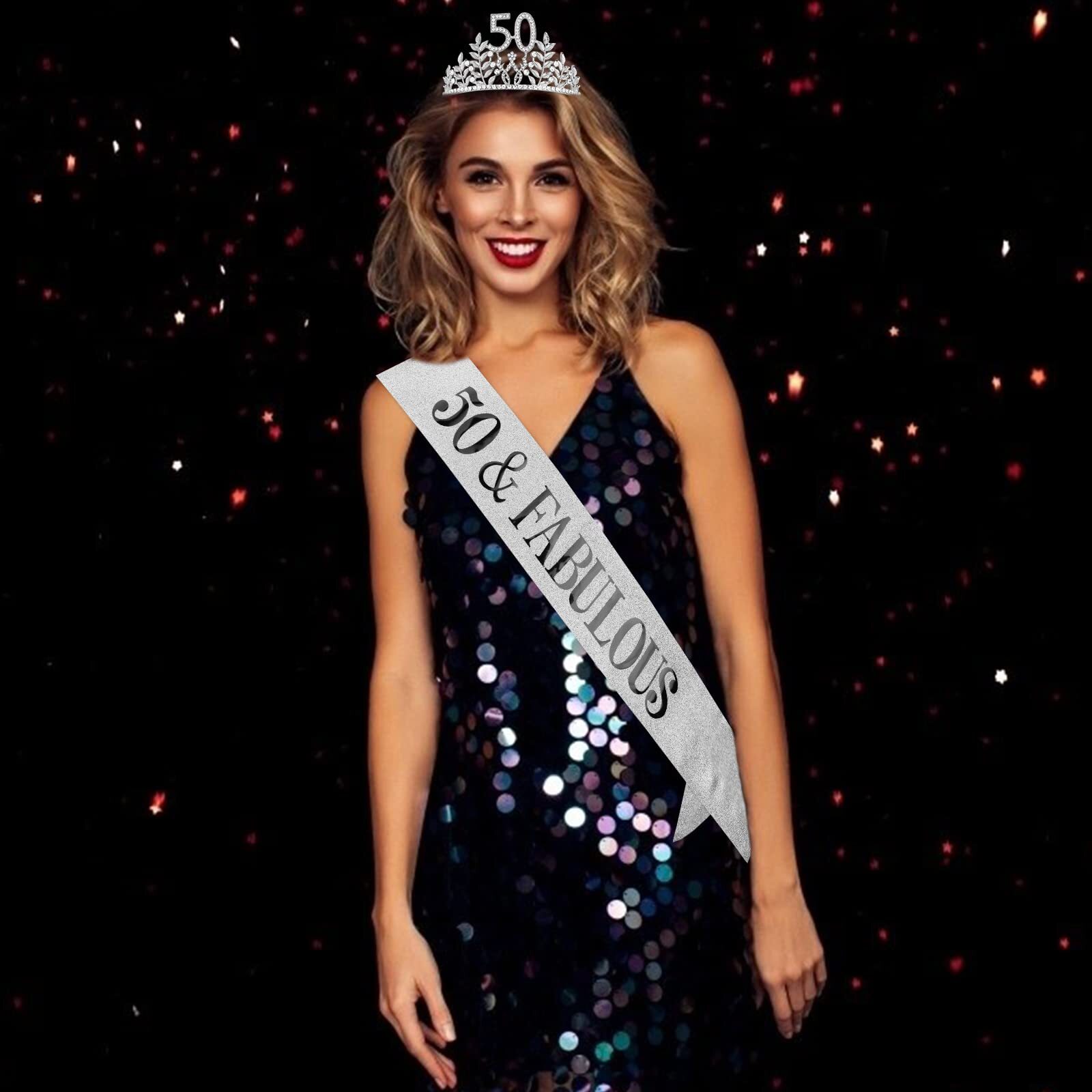 50 & Fabulous Tiara Sash Set 50th Birthday Party Gifts for Women Silver