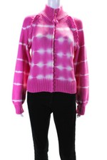 Love Shack Fancy Womens Front Zip Striped Scalloped Knit Jacket Pink Size Medium