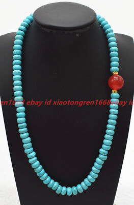 5x8mm Blue Turquoise Rondelle Gems Beads & 14mm Round Red Jade Pendant Necklace