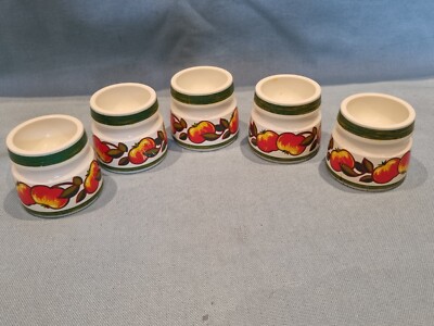Vintage 5er Set Stapelbar Apfel Design Creme Melamin Eierbecher Camping Picknick GC