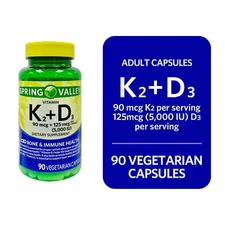 Spring Valley Vitamin K2 (90mcg) + D3 (125mcg) Vegetarian Capsules, 90 Count