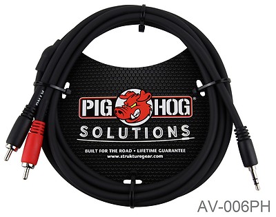 6ft PigHog Stereo Breakout Cable, 3.5mm Stereo Male to Dual RCA Male, AV-006PH