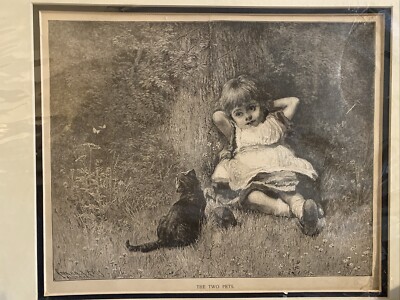 The Two Friends Cat and Little Girl Woodcut Print circa 1875