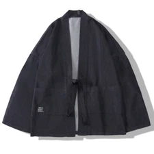 Men Kimono Denim Coat Jacket Casual Cardigan Japanese Yukata Loose Retro Summer