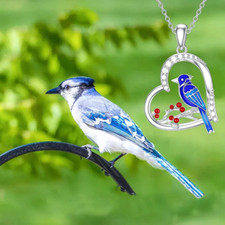 Fashion Blue Bird Holding Red Fruit Tree Branch Heart-shaped Necklace For Girls