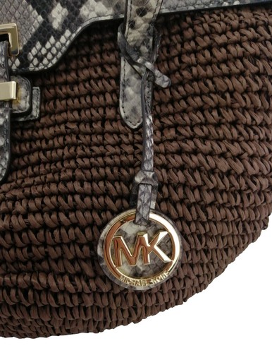 Michael Kors Straw Bag Brown Shoulder Naomi & Leather Snakeskin Pattern Handbag - Picture 6 of 14
