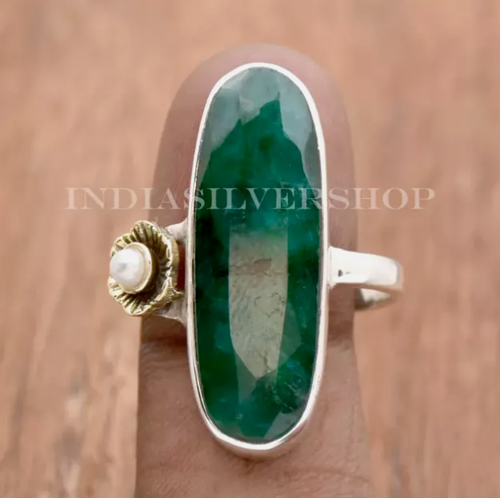 Anillo de plata esmeralda india y madreperla fiesta cóctel banda - Imagen 2 de 5