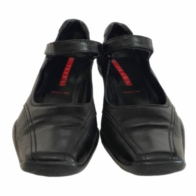 靴 PRADA Mary Jane Square Toe Shoes Black PRADA BLACK LEATHER MARY JANE SQUARE TOE LOW LAND HEEL PUMP