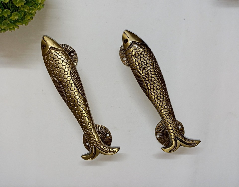 Lacquered Brass Sea Fish Cupboard Pull Office Interior Door Handle Pair ...