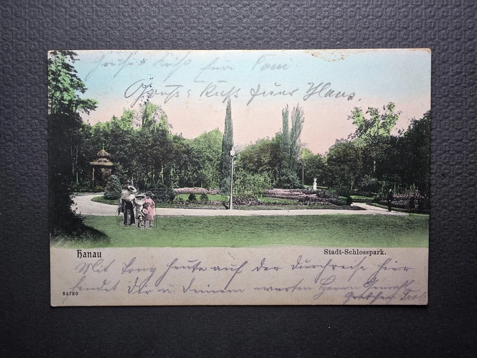 AK Hanau Stadt-Schlosspark coloriert gelaufen 1904 K.B. Bahnpost  - Bild 1 von 1