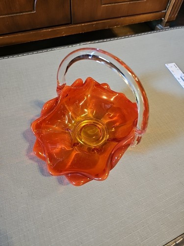 Vintage Amberina Glass Basket With Handle By Viking Glows - Picture 1 of 5