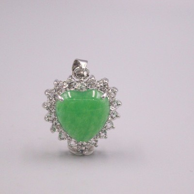 White Plated Gp Alloy Pendant For Women Green Jade Heart Gemstone Jewelry