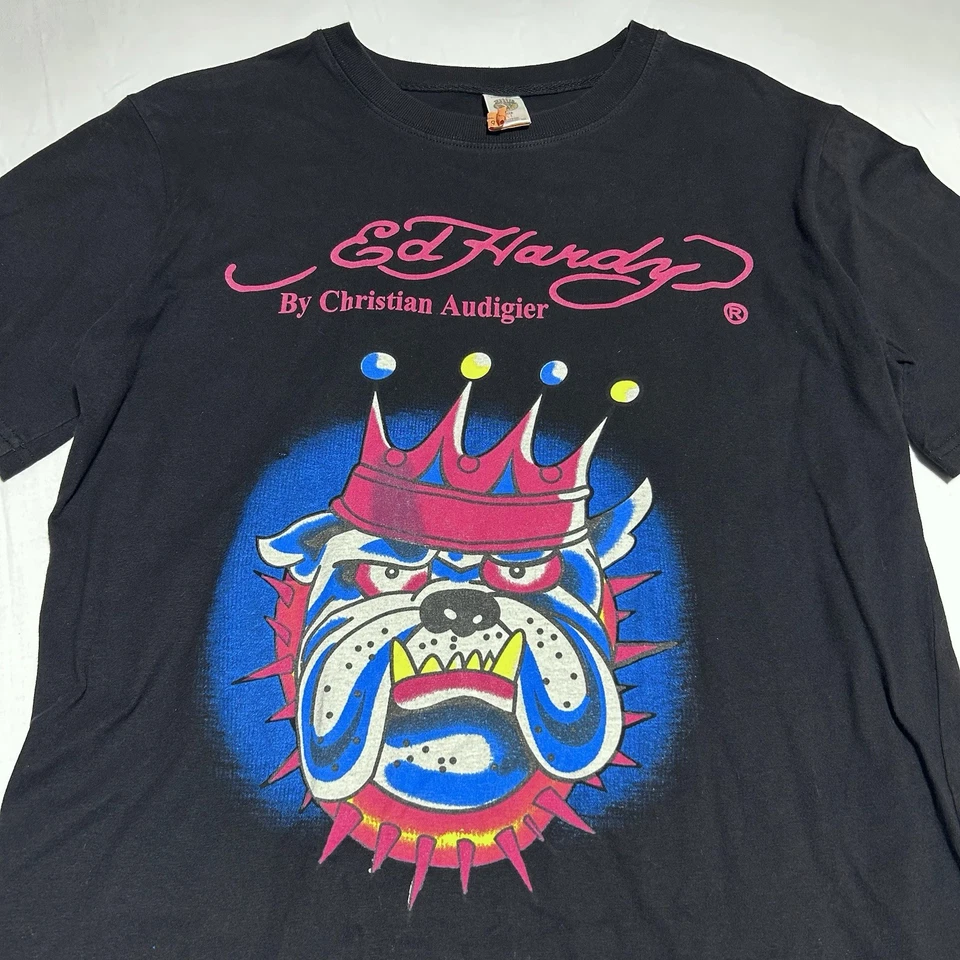 Camiseta Ed Hardy Vintage Y2K Para Mujer XL Negra Christian Audigier - Bull Dog Rosa Foto 2 de 4
