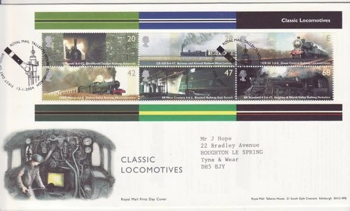 GB Stamps First Day Cover Classic Locomotives MS, steam trains, tracks SHS 2004