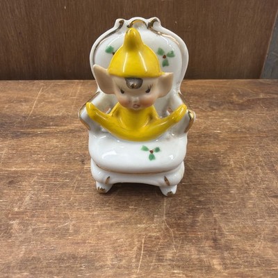 Vtg MCM Japan Ceramic Yellow Pixie Elf Holly Chair Gold Trim Figurine 1950s