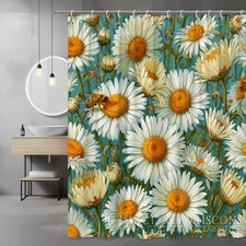 Daisy Floral Shower Curtain White Flowers on Blue Background