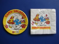 1982 Smurf Birthday 7" Plates (8) and Napkins (16) NOS SEALED HAPPY SMURFDAY