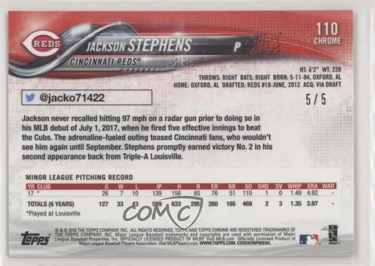 2018 Topps Chrome Red Wave Refractor /5 Jackson Stephens #110 Rookie RC - Image 2 of 2