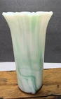 VINTAGE AKRO AGATE ART DECO MILK GLASS VASE WHITE WITH GREEN SWIRL