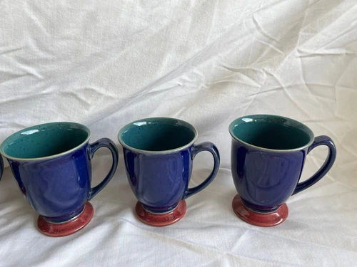New Set Of 7 Denby England Harlequin Stoneware Coffee Mugs Red Blue Green!