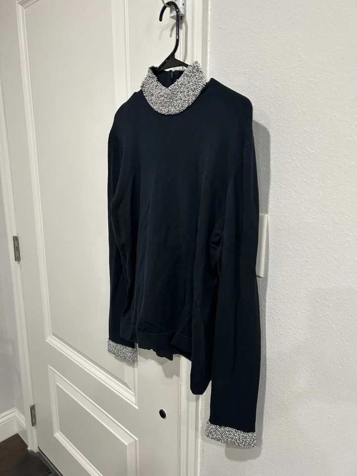 Top Worth Tejido Manga Larga Negro Talla Grande Cuentas Cuello Simulado Puños Elegante Elegante Elegante Foto 3 de 4