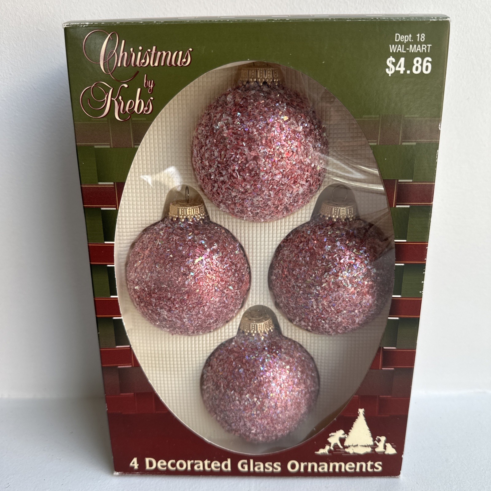 4 Vintage Christmas by Krebs Round Pink Glittery Glass Ornaments