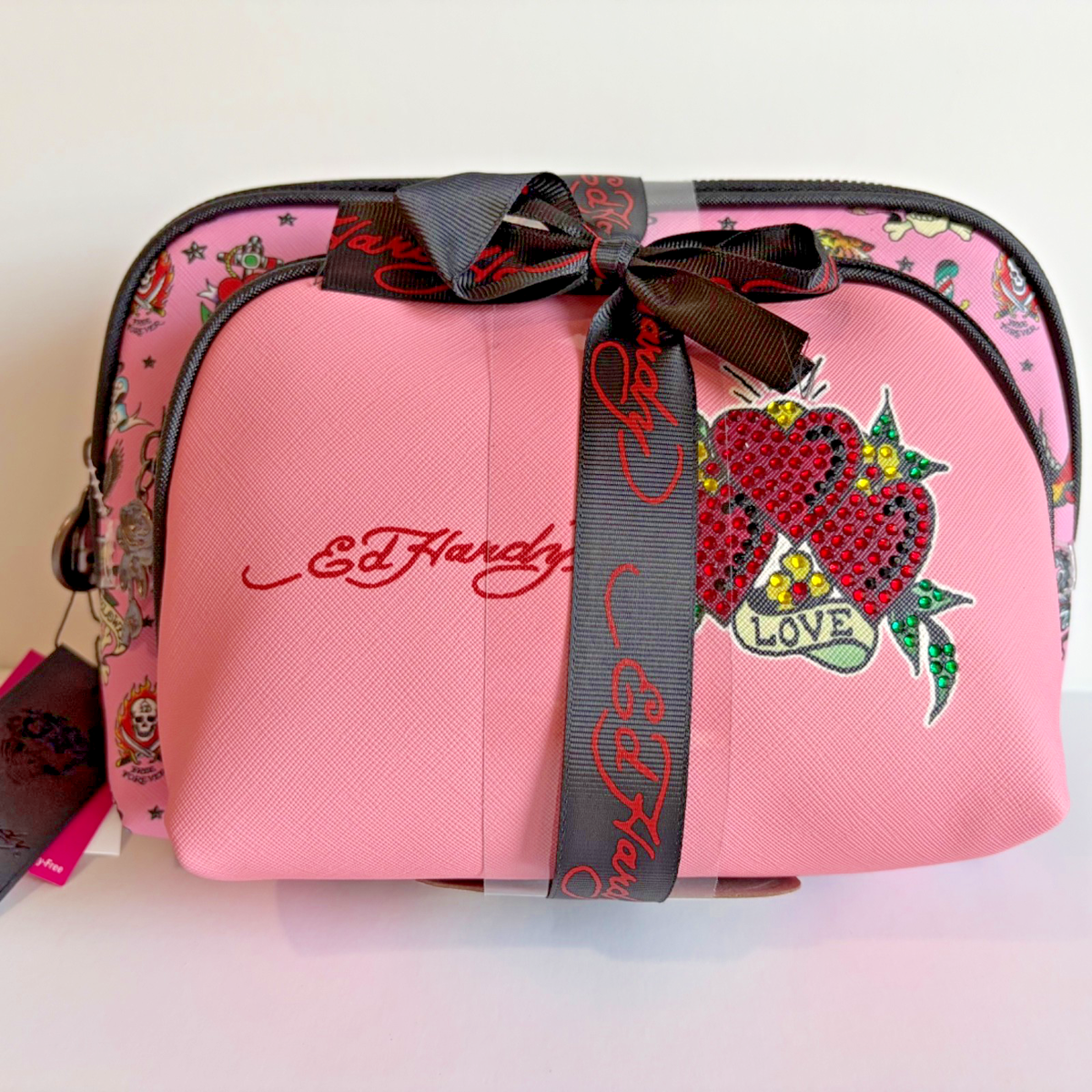 Ed Hardy 2 Pc Cosmetic Bag Set Pink Heart & Skulls Accents Studded