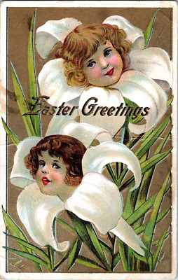 Vintage Easter Postcard Flowerface White Lily Flower Girl Gold Background Emboss