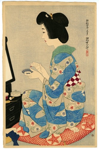 Ito Shinsui woodblock woman geisha makeup mirror pillow kimono JP autograph - 第 1/1 張圖片
