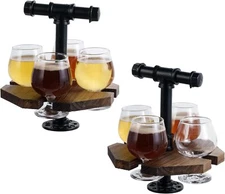 Brown Wood & Metal Pipe Beer Whiskey Flight Set Tray, Beer Glass Rack, Set of 2