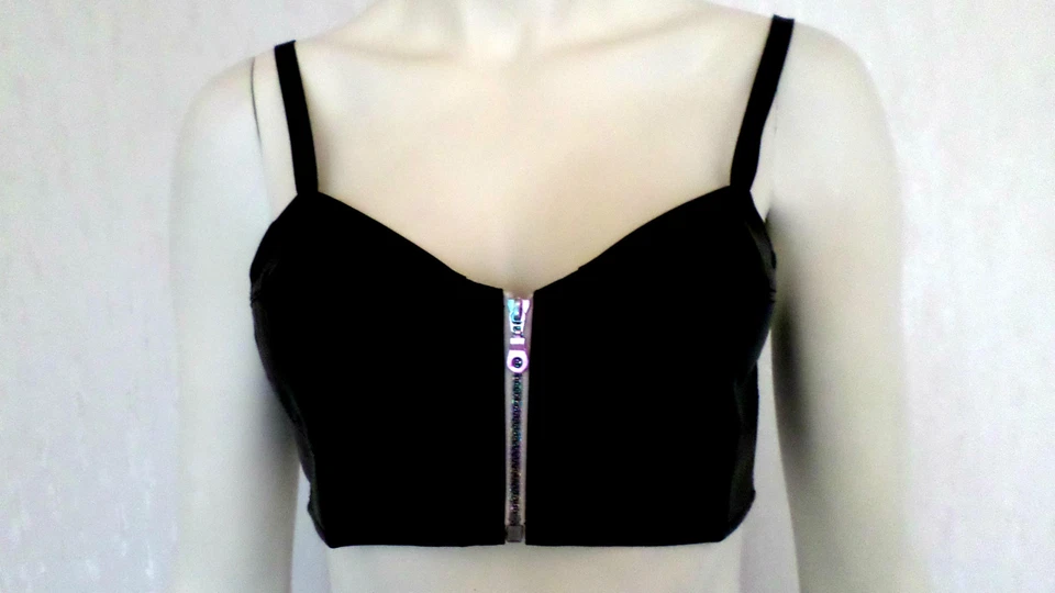 Sexy BH-Set Bustier+StringTanga Lederoptik Reißverschlüsse Schwarz Gr.75 A-B NEU - Bild 2 von 4