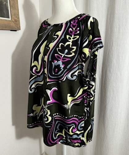 Balenciaga, VINTAGE BALENCIAGA size 40 black rayon back drape cowl TEE bold graphic