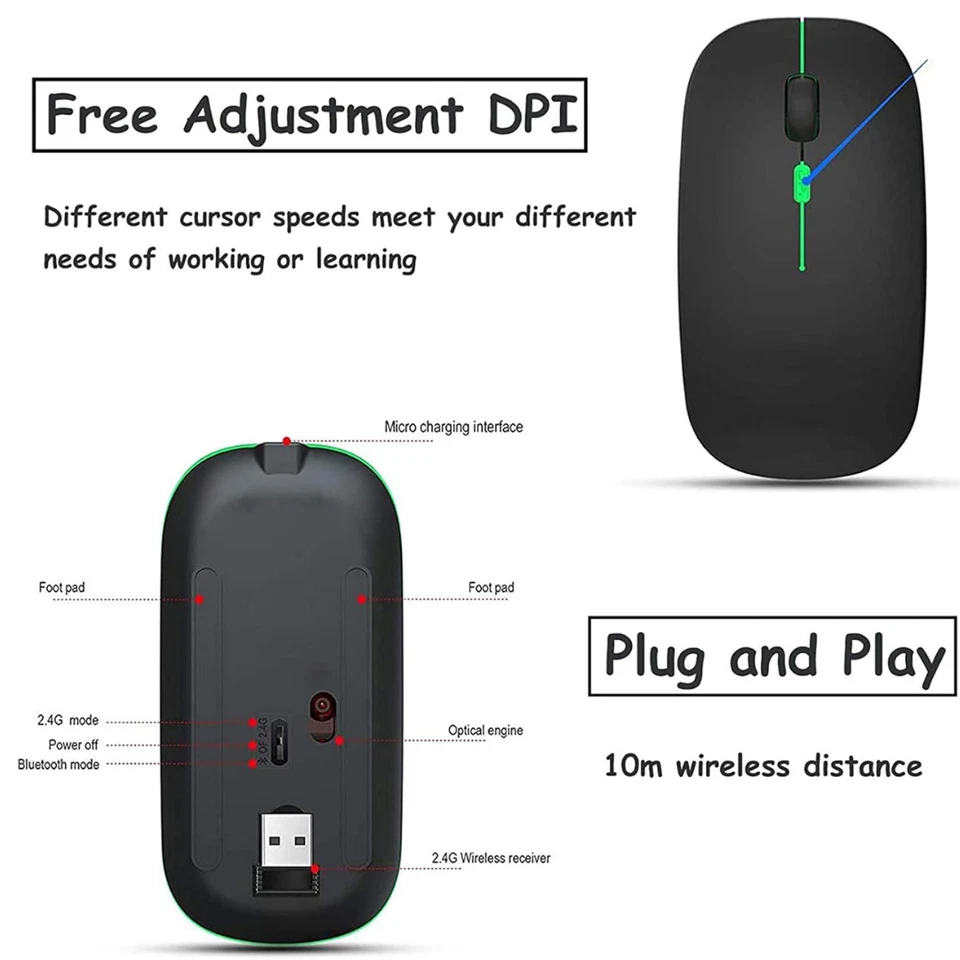 RGB LED Wireless Mouse Rechargeable Bluetooth Silent Mice USB For PC Laptop UK - Image 2 of 4