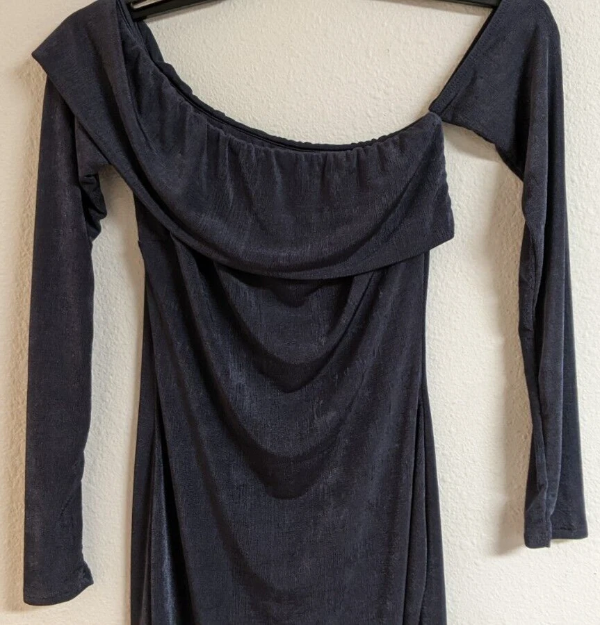 Vestido Midi Lux LA Slinky Poli Elastano Azul Manga Assimétrica Estilo # D0762 Pequeno - Imagem 2 de 4