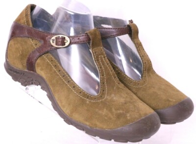 Merrell Plaza Strap Suede Brown Leather T-Strap Buckle Wedge Shoes Women's US 7