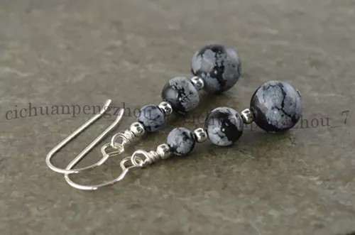 6-8-10mm Natural Black Snowflake Obsidian Round Gems Beads Dangle Hook Earrings - Picture 5 of 6