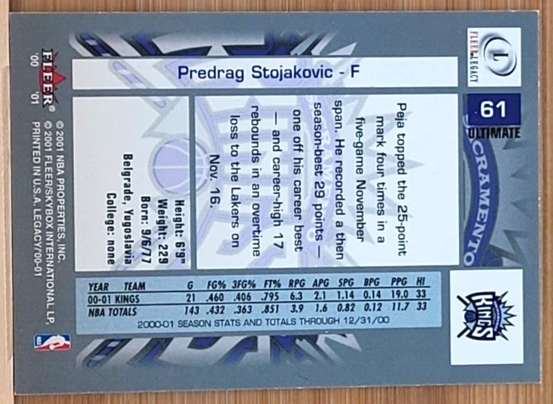 2000-01 Fleer Legacy Predrag Stojakovic Ultimate #D/175 NBA KINGS - Imagem 2 de 2